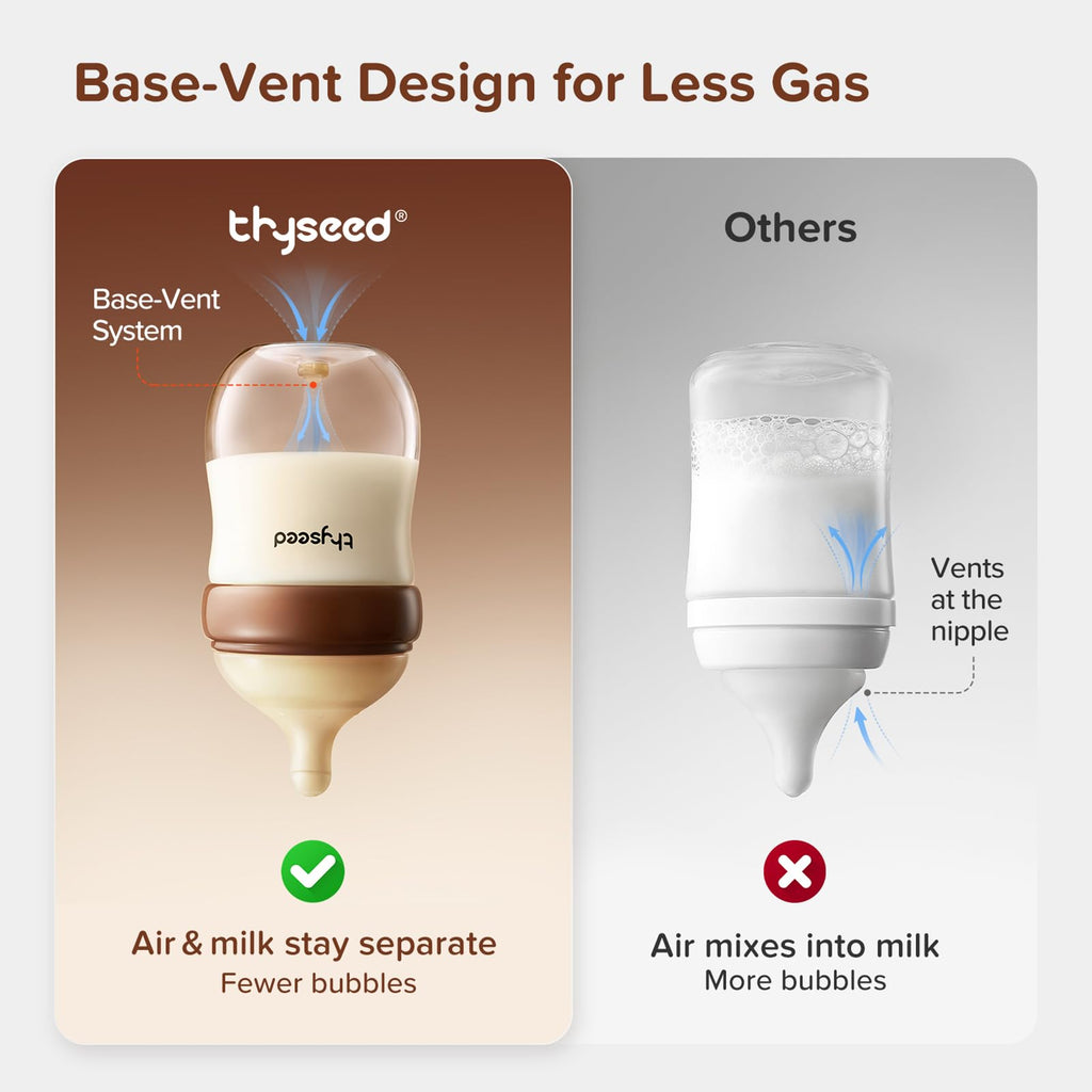 Premium borosilicate glass baby bottle by Thyseed for breastfed infants
