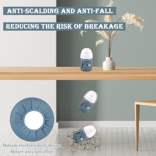 Three pack anti breakage bottle covers in grey dark blue and apricot