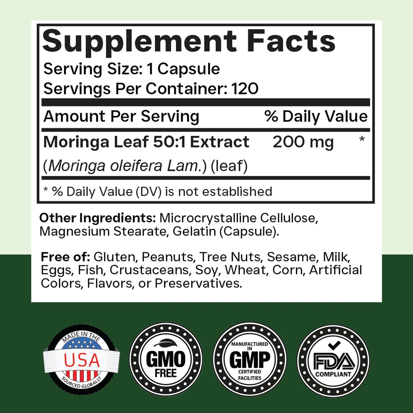 Tnvitamins Moringa 120 capsules supplement facts label