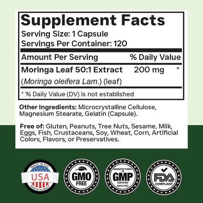 Tnvitamins Moringa 120 capsules supplement facts label