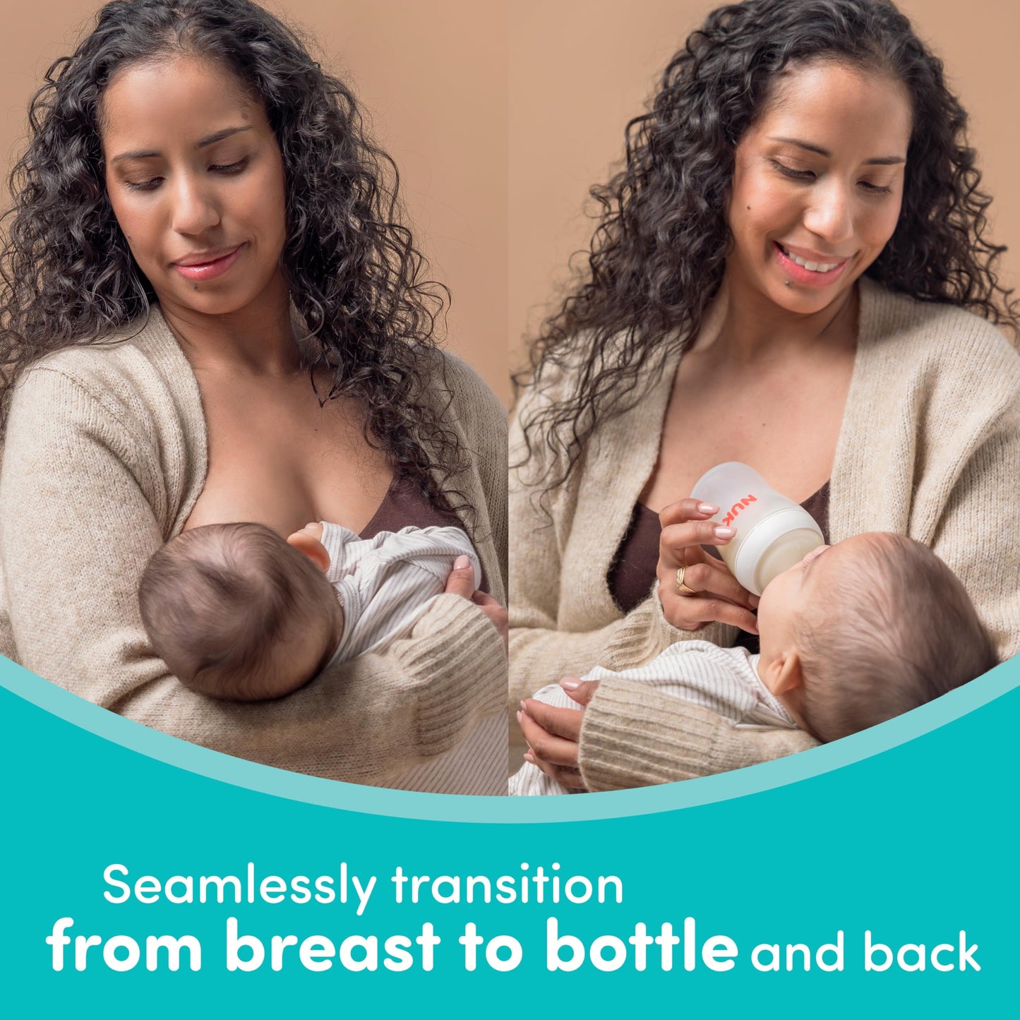 BPA free clear plastic baby bottle from NUK with slow flow measurement markings