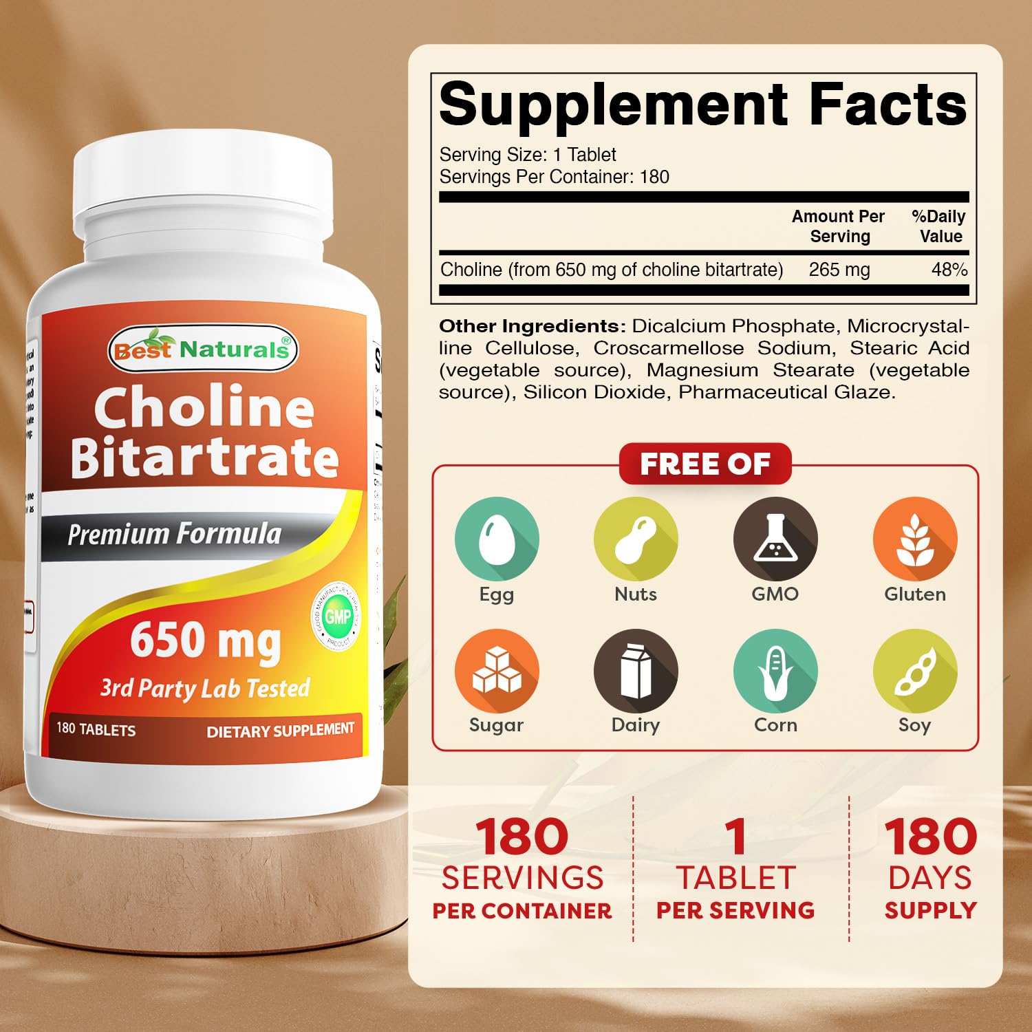 Best Naturals Choline Bitartrate label showing 650mg dosage
