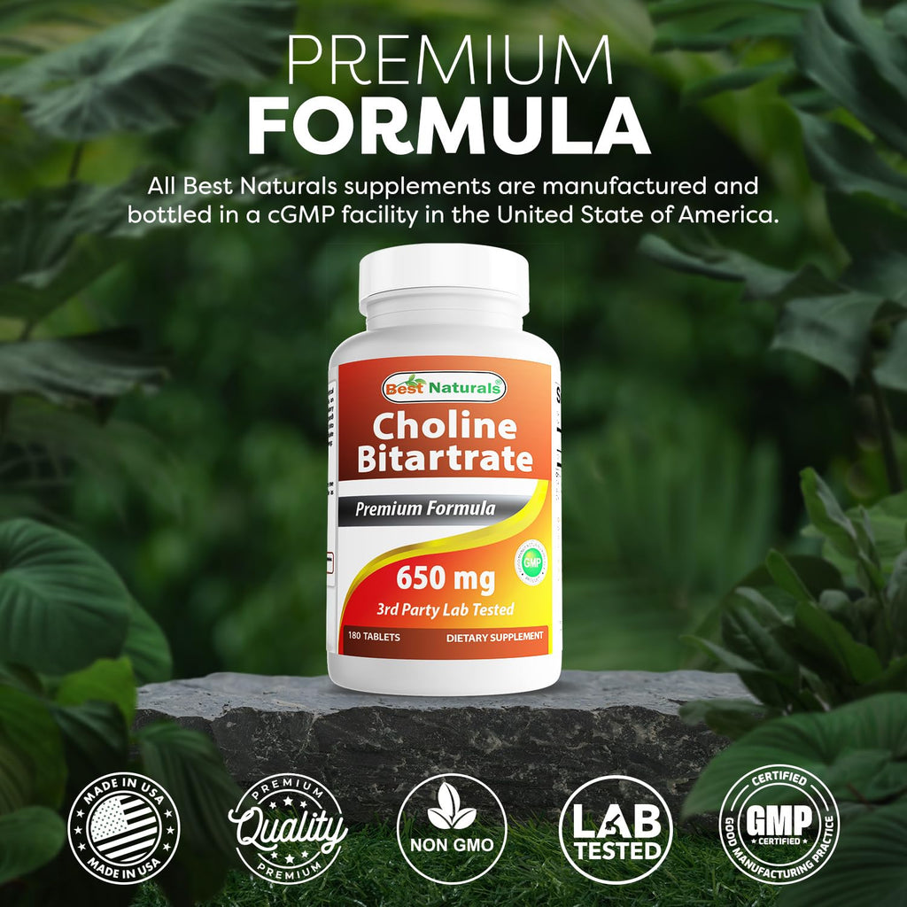 Best Naturals Choline 180 count container showing GMP quality seal