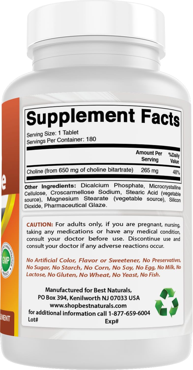 Best Naturals Choline 650mg bottle USA manufacturing quality seal