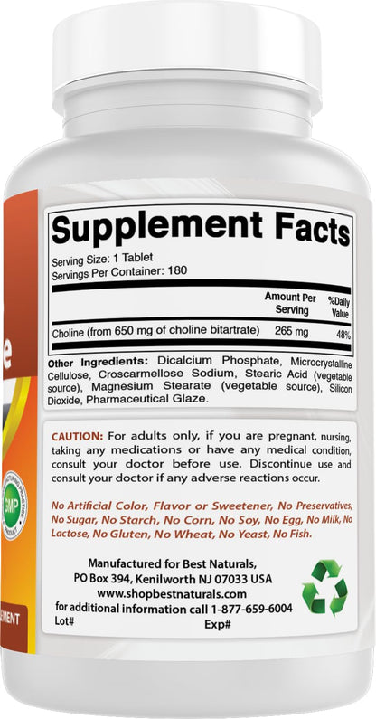 Best Naturals Choline 650mg bottle USA manufacturing quality seal