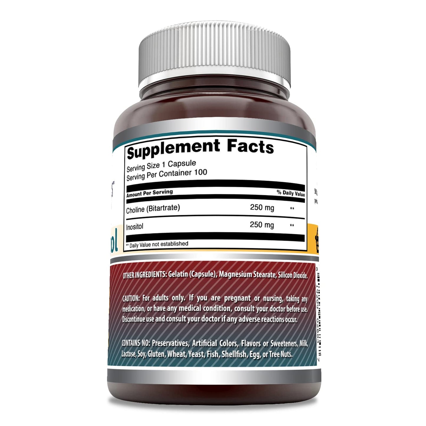 Side view of Amazing Nutrition Choline and Inositol supplement bottle showing 100 capsules