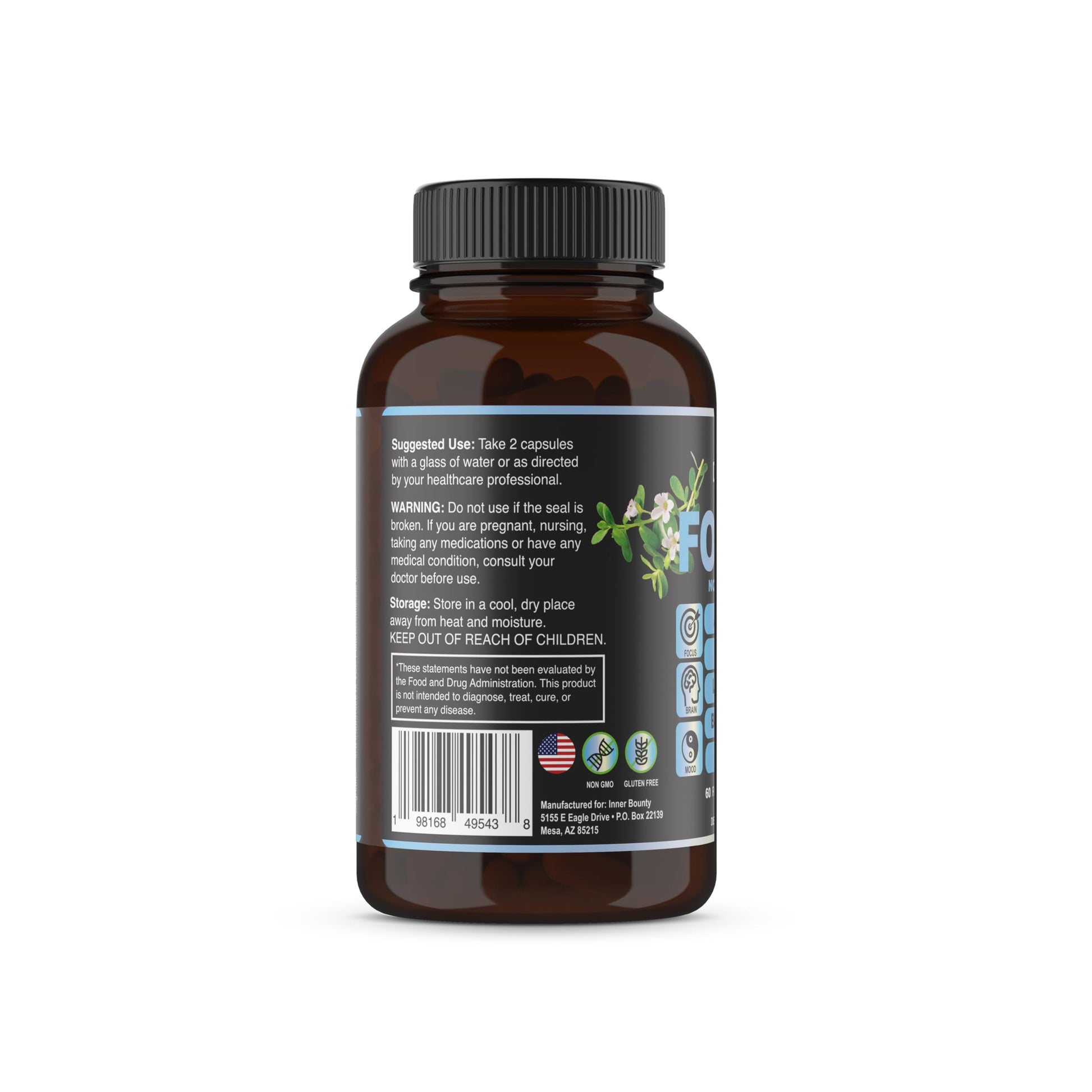 Inner Bounty Focus brain supplement bottle label detail