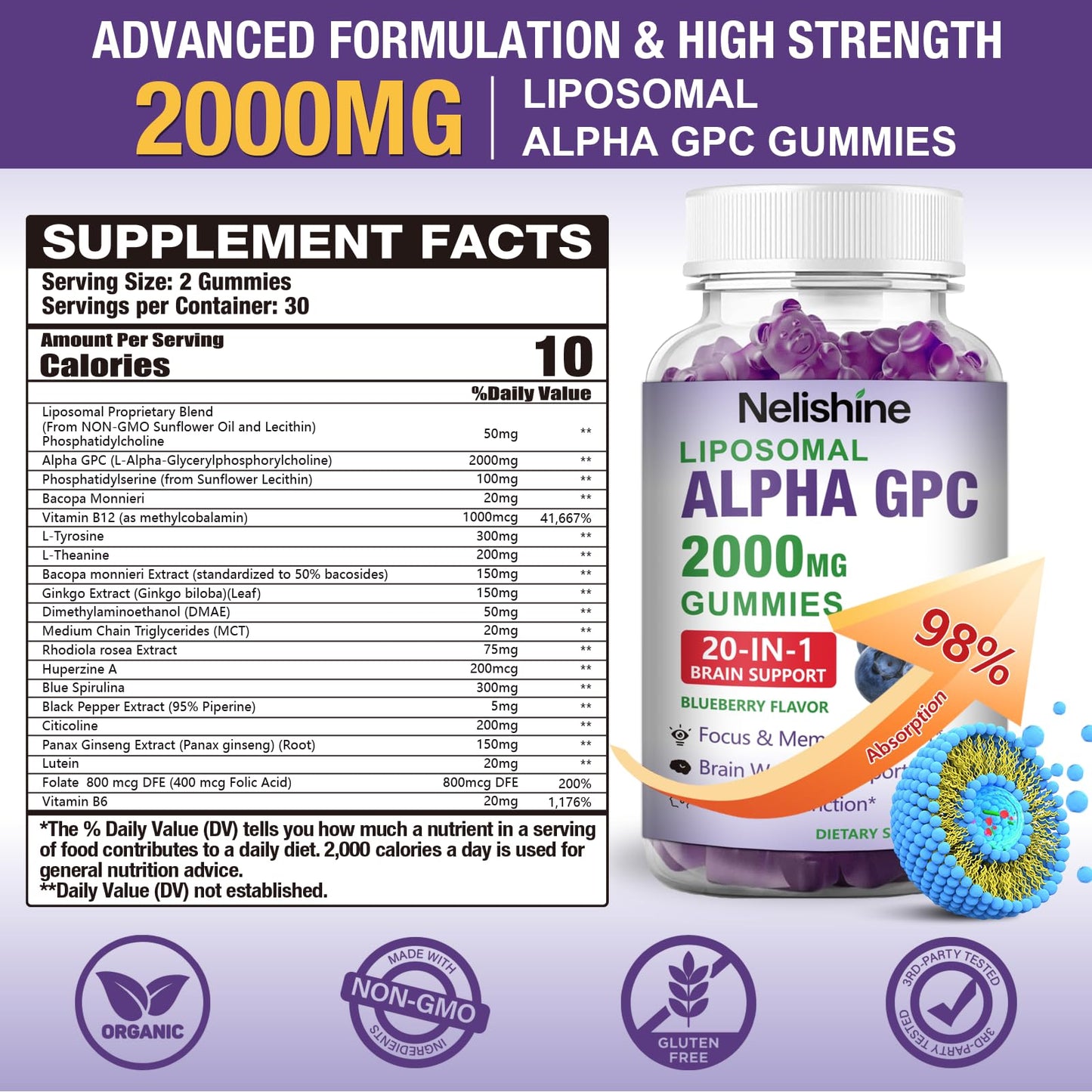 Nelishine Citicoline nootropic chewable supplement bottle displaying blueberry flavor.