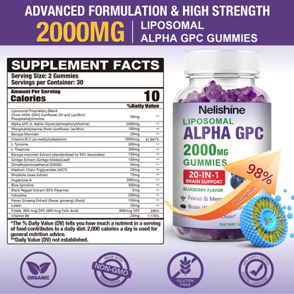Nelishine Citicoline nootropic chewable supplement bottle displaying blueberry flavor.