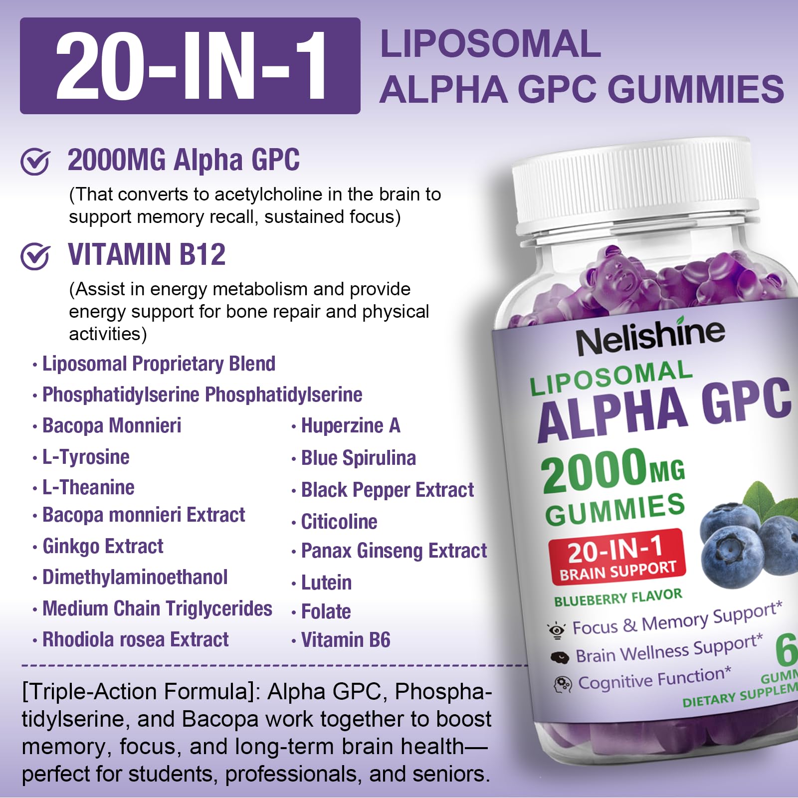 Nelishine cognitive support gummies nutritional facts and premium ingredients label.