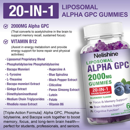 Nelishine cognitive support gummies nutritional facts and premium ingredients label.