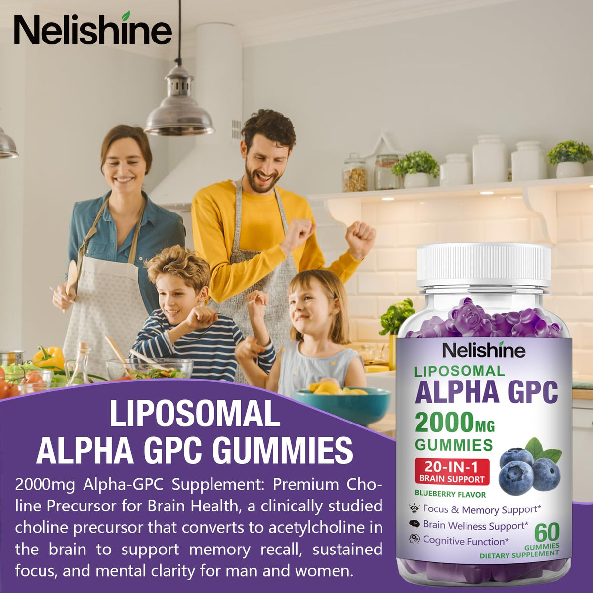Side view of Nelishine liposomal focus and memory supplement bottle two pack.