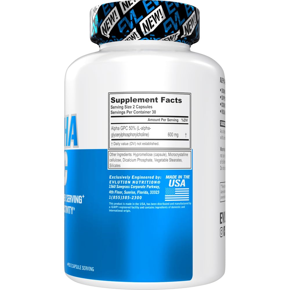 Evlution Nutrition Alpha GPC nutritional facts label closeup