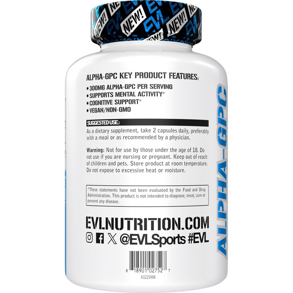 Evlution Nutrition Alpha GPC 60 veggie capsules bottle side view