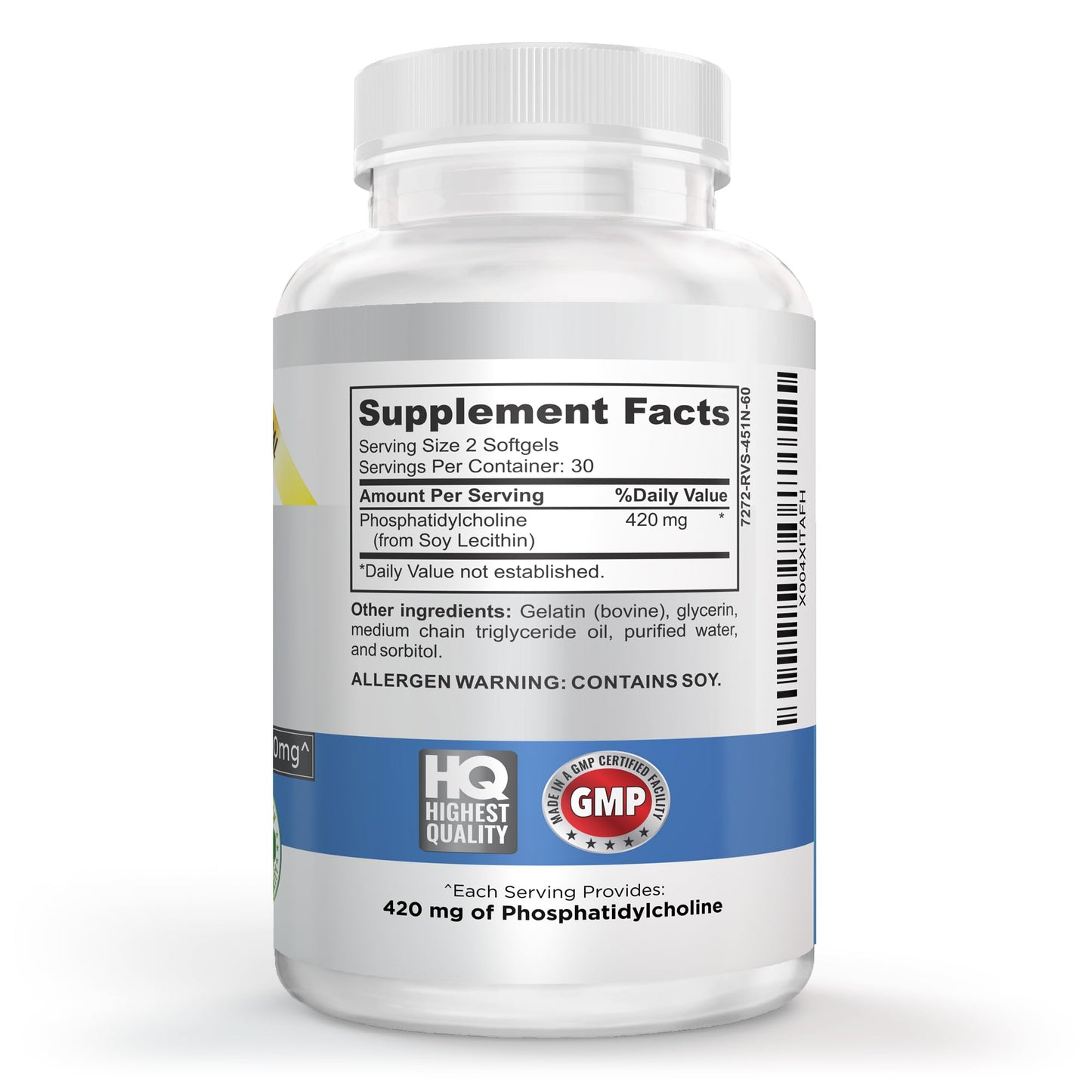 Nutritional facts and soy lecithin ingredient label on Vitalité Now phosphatidylcholine bottle.