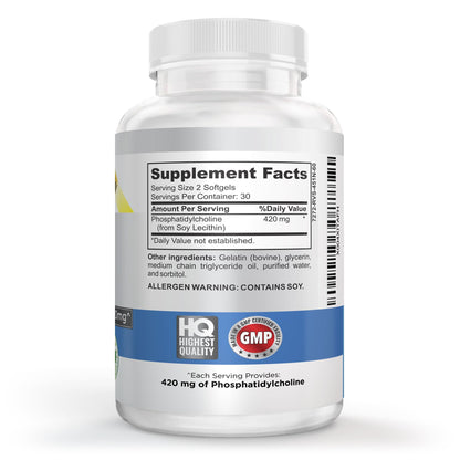 Nutritional facts and soy lecithin ingredient label on Vitalité Now phosphatidylcholine bottle.