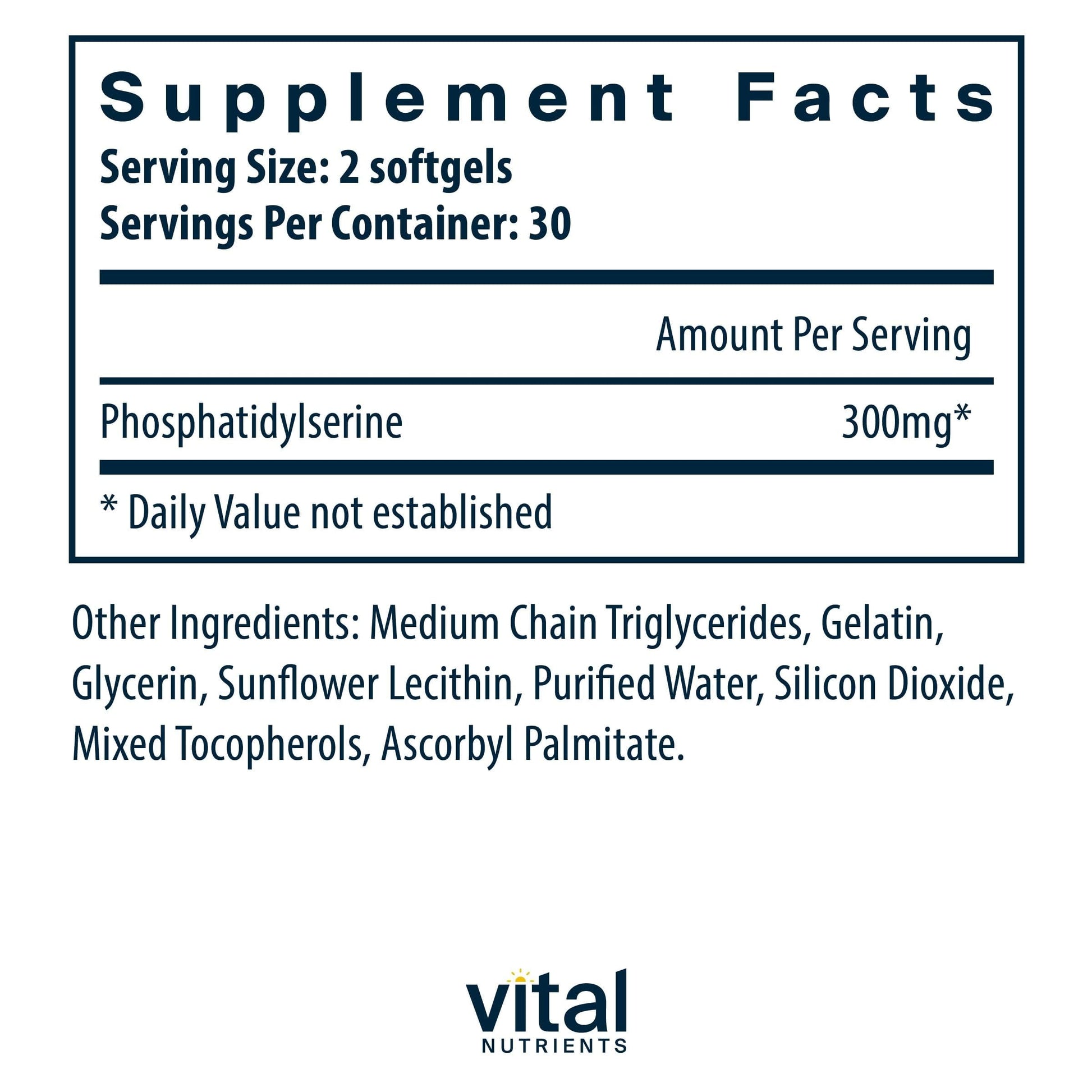Close up of Vital Nutrients Phosphatidylserine supplement facts label