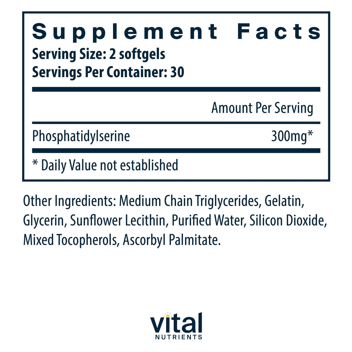 Vital Nutrients Phosphatidylserine nutritional supplement label details