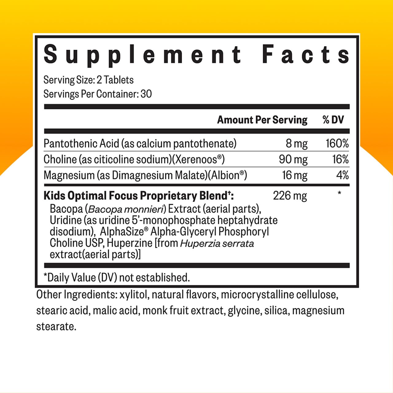 Seeking Health Kids Optimal Focus chewable tablets supplement label