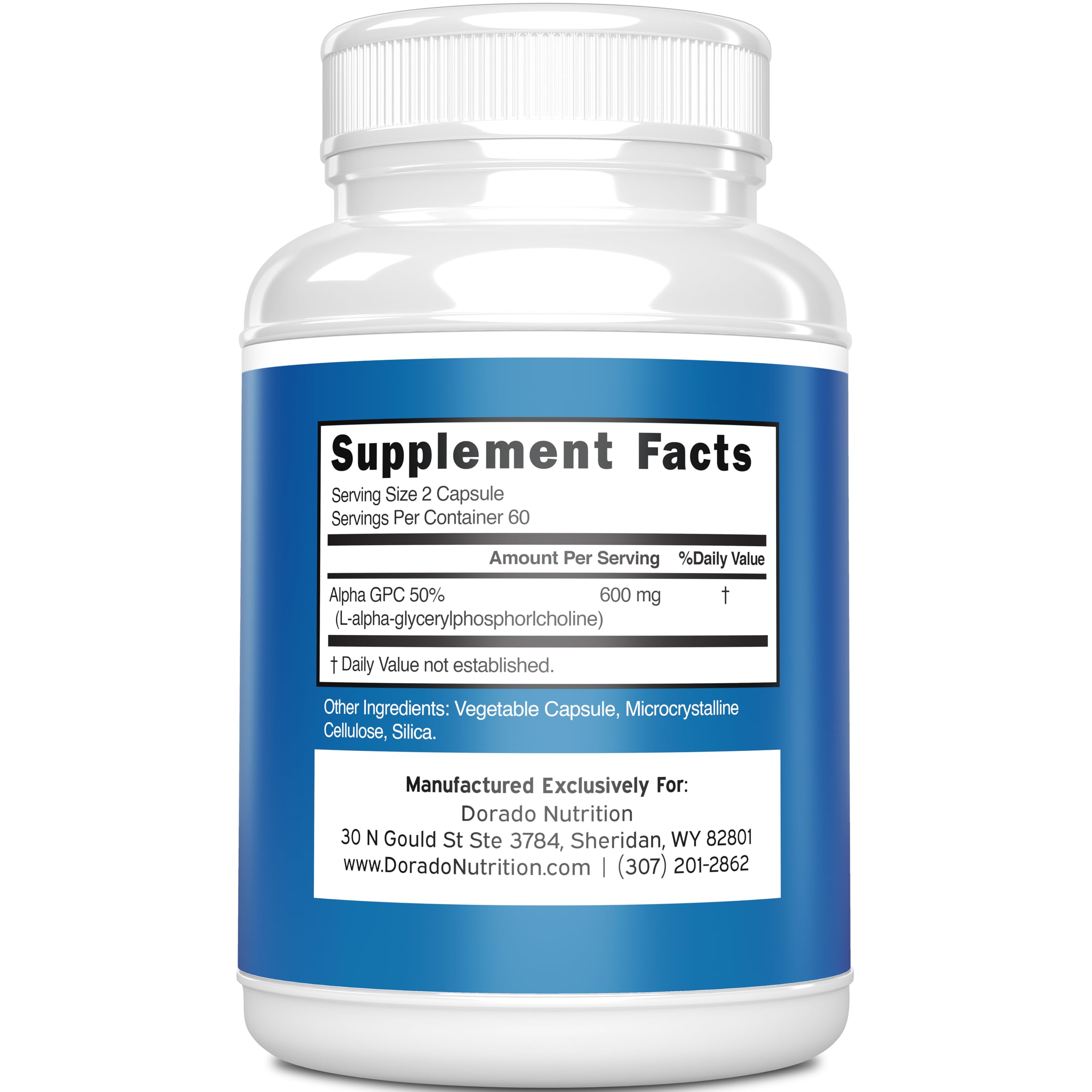 Dorado Nutrition Alpha GPC 120 vegan capsules supplement facts label
