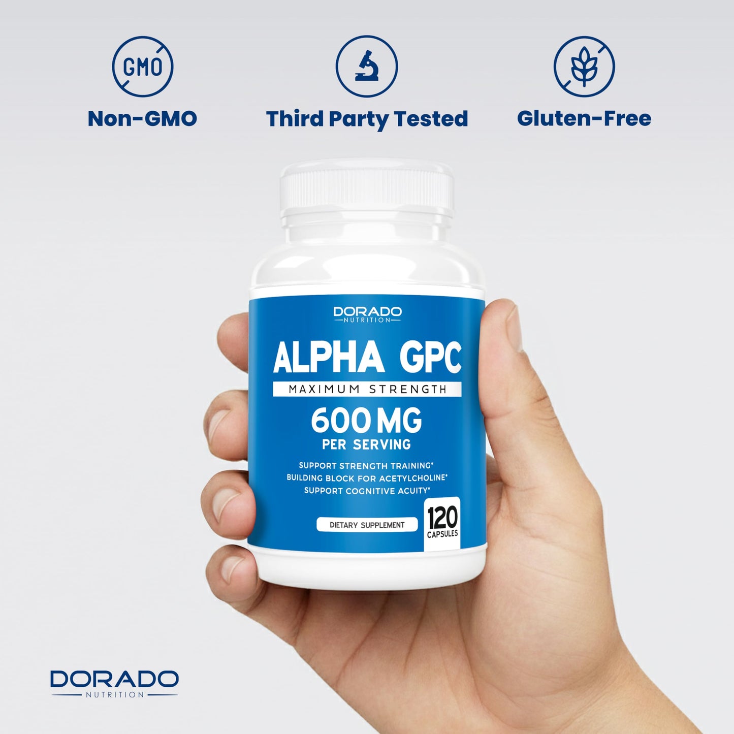 Close up of Dorado Nutrition Alpha GPC 600mg branding