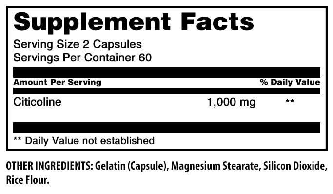 Close up of Citicoline 1000mg capsule bottle side profile