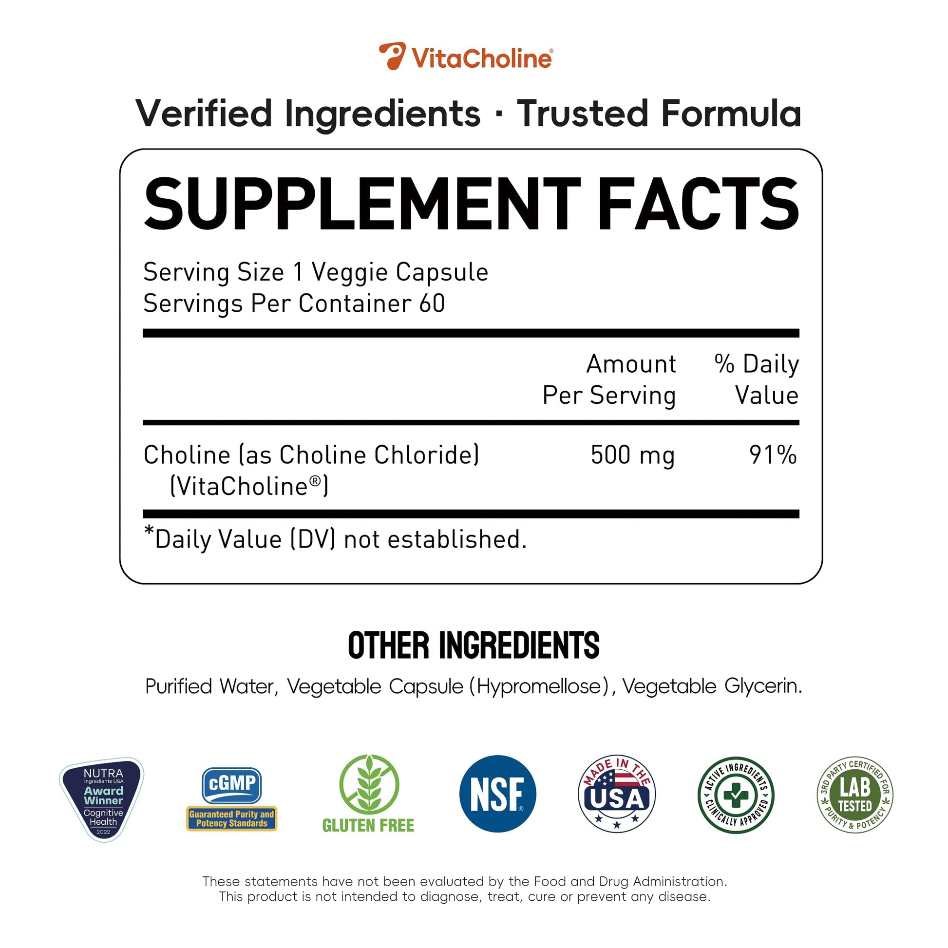 Side view of UniHealth Choline supplement bottle showcasing clean non-GMO and gluten-free certifications