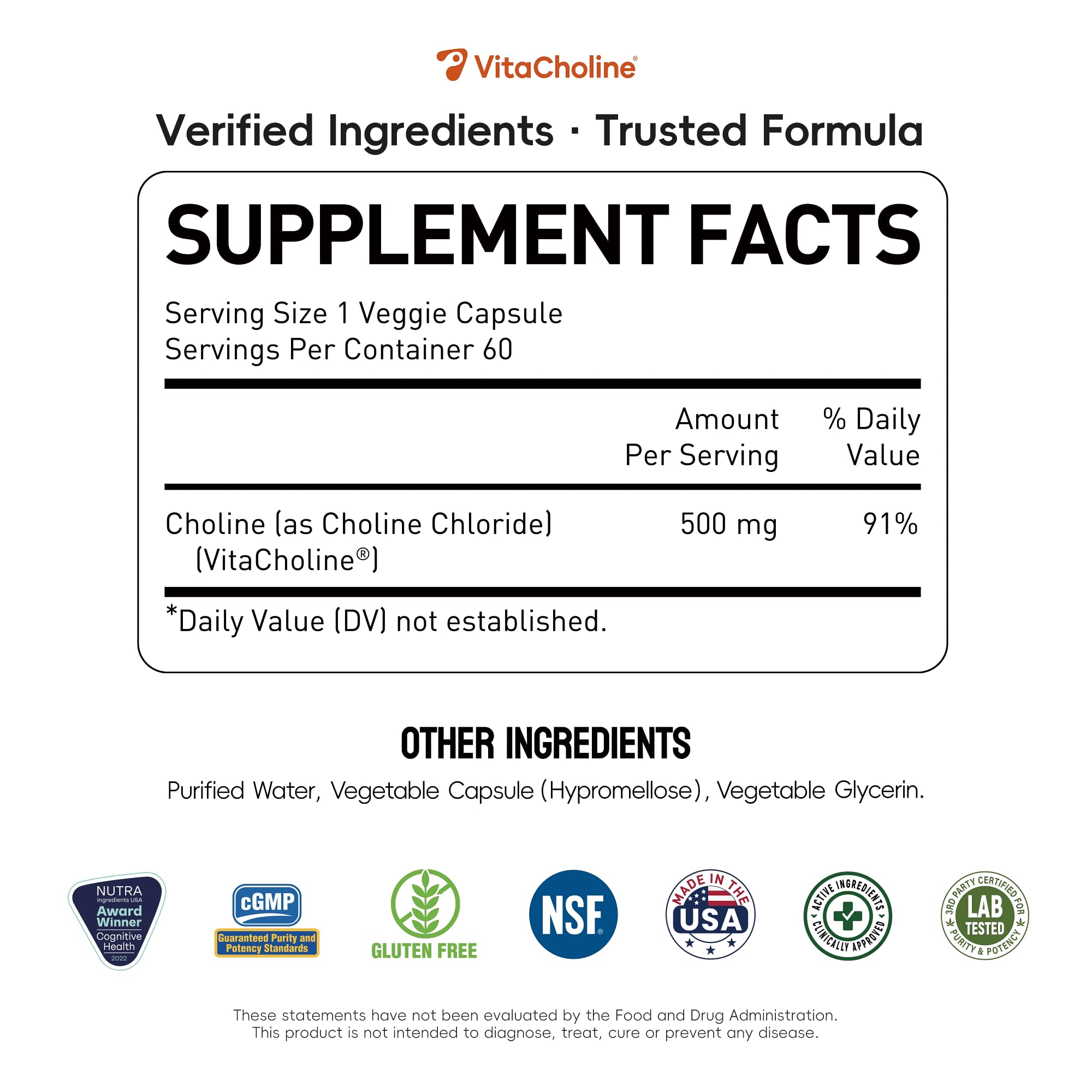 Side view of UniHealth Choline supplement bottle showcasing clean non-GMO and gluten-free certifications