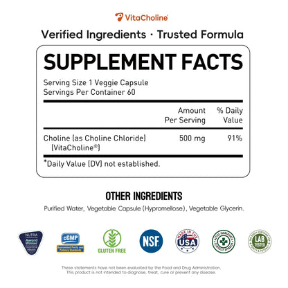 Side view of UniHealth Choline supplement bottle showcasing clean non-GMO and gluten-free certifications