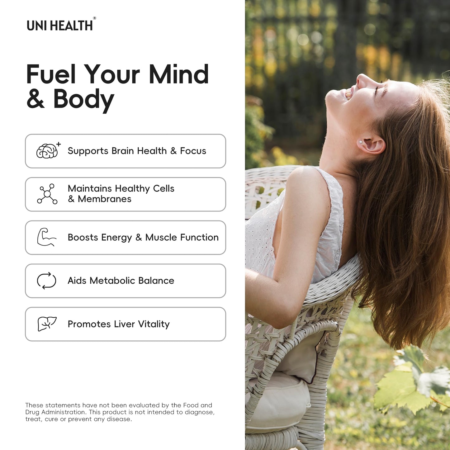 Back label of UniHealth premium brain health supplement showing nutrition facts and 500mg VitaCholine dosage