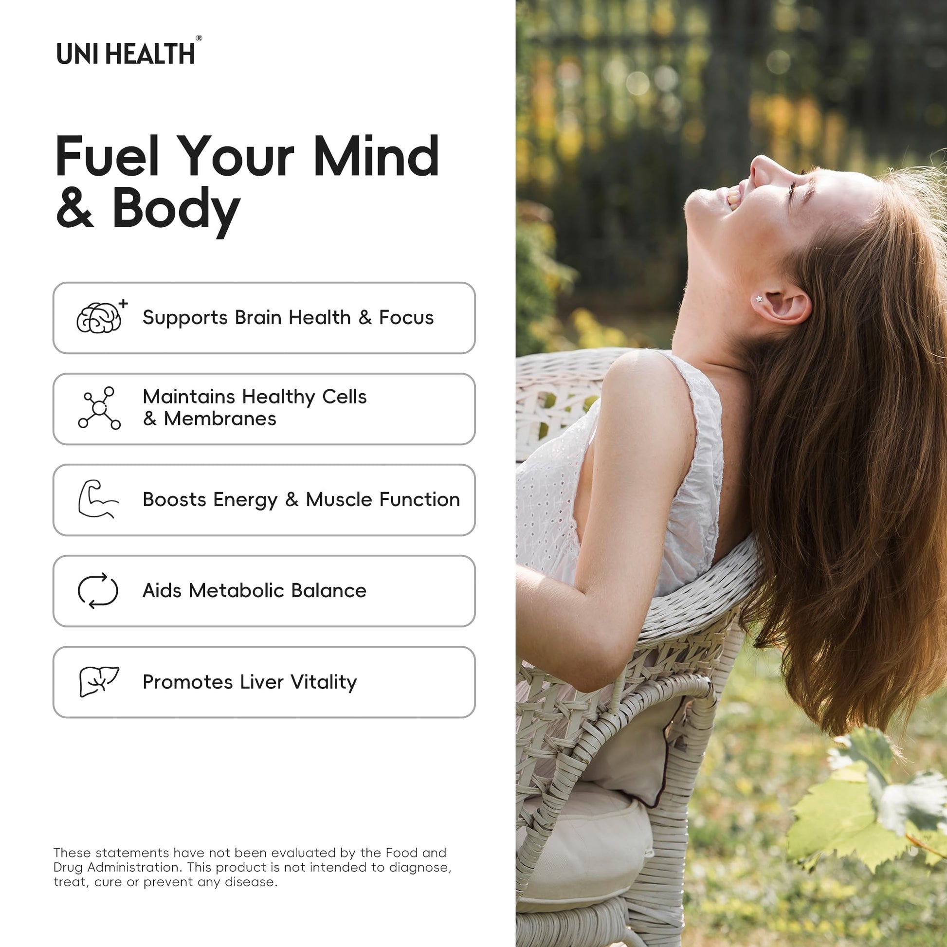 Back label of UniHealth premium brain health supplement showing nutrition facts and 500mg VitaCholine dosage