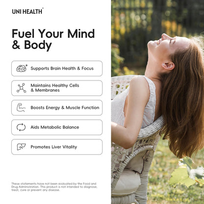 Back label of UniHealth premium brain health supplement showing nutrition facts and 500mg VitaCholine dosage