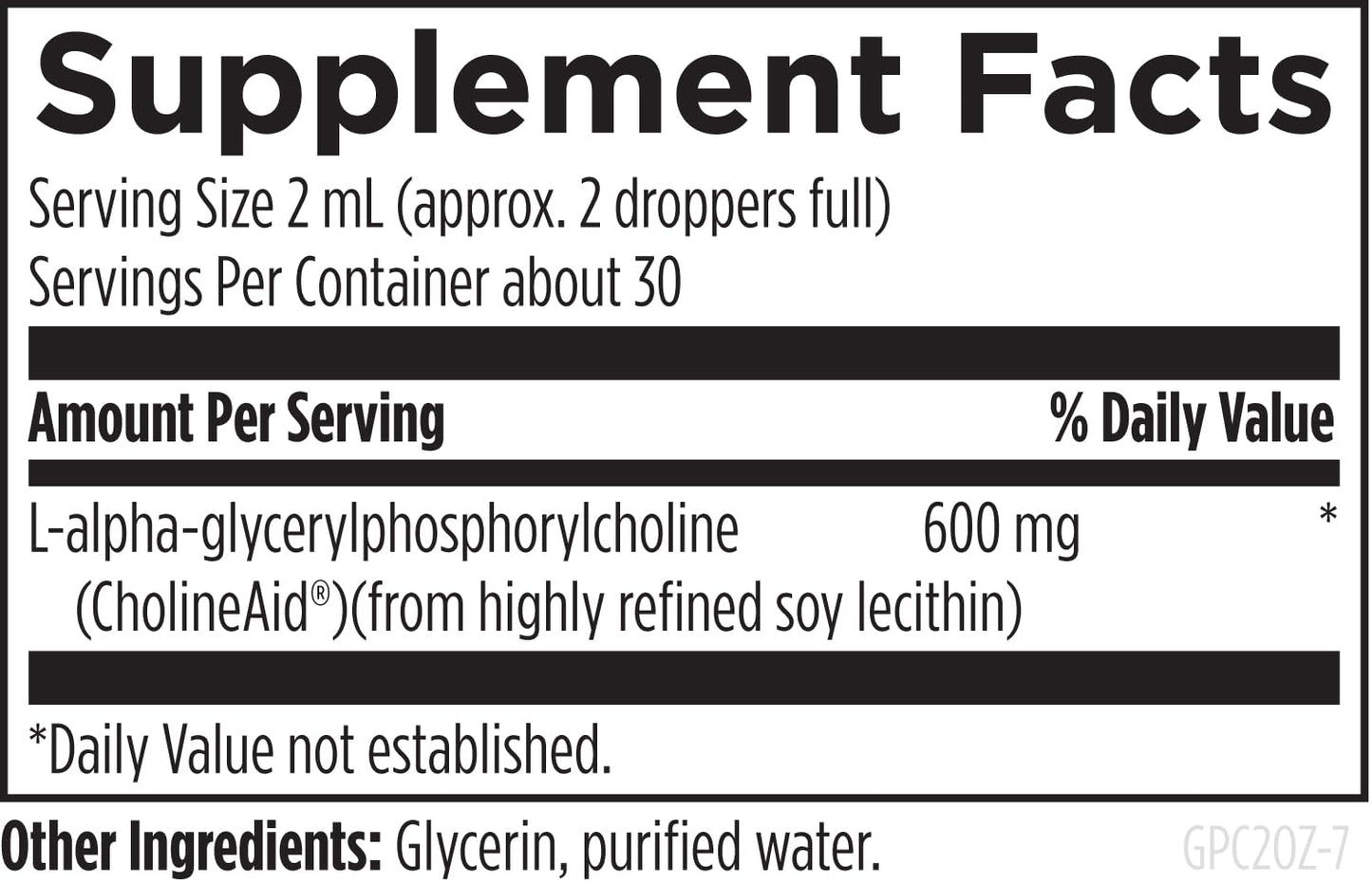 Designs for Health GPC Liquid supplement nutrition label