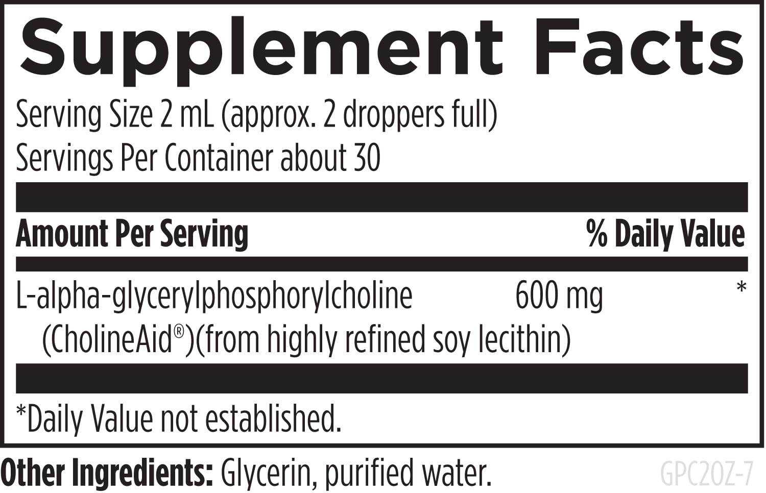 Designs for Health GPC Liquid supplement nutrition label