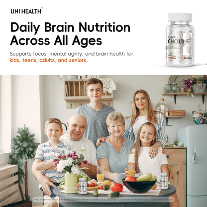 UniHealth Choline 60-day supply bottle placed next to natural ingredients emphasizing its vegan formulation