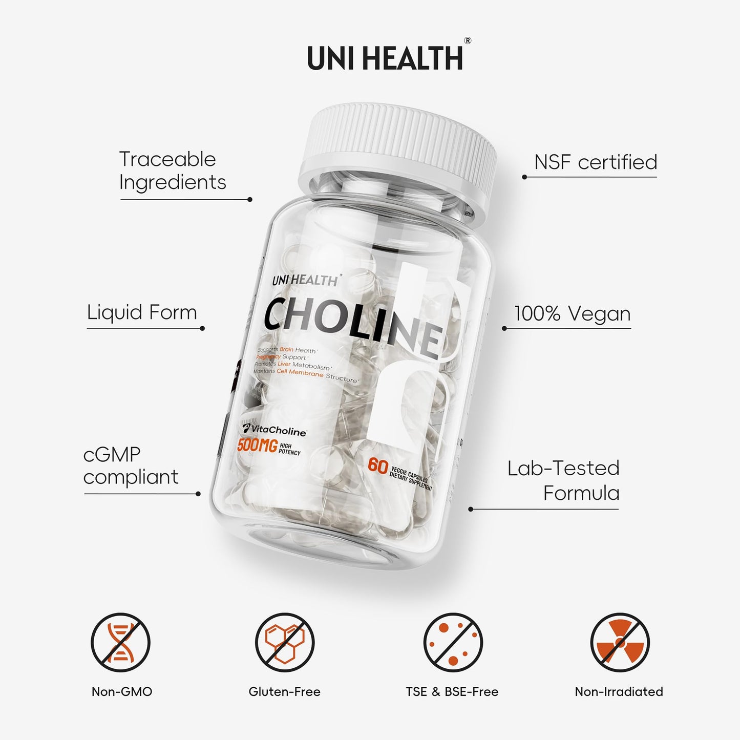 Packaging details of USA imported UniHealth Choline supplement highlighting brain and liver support benefits