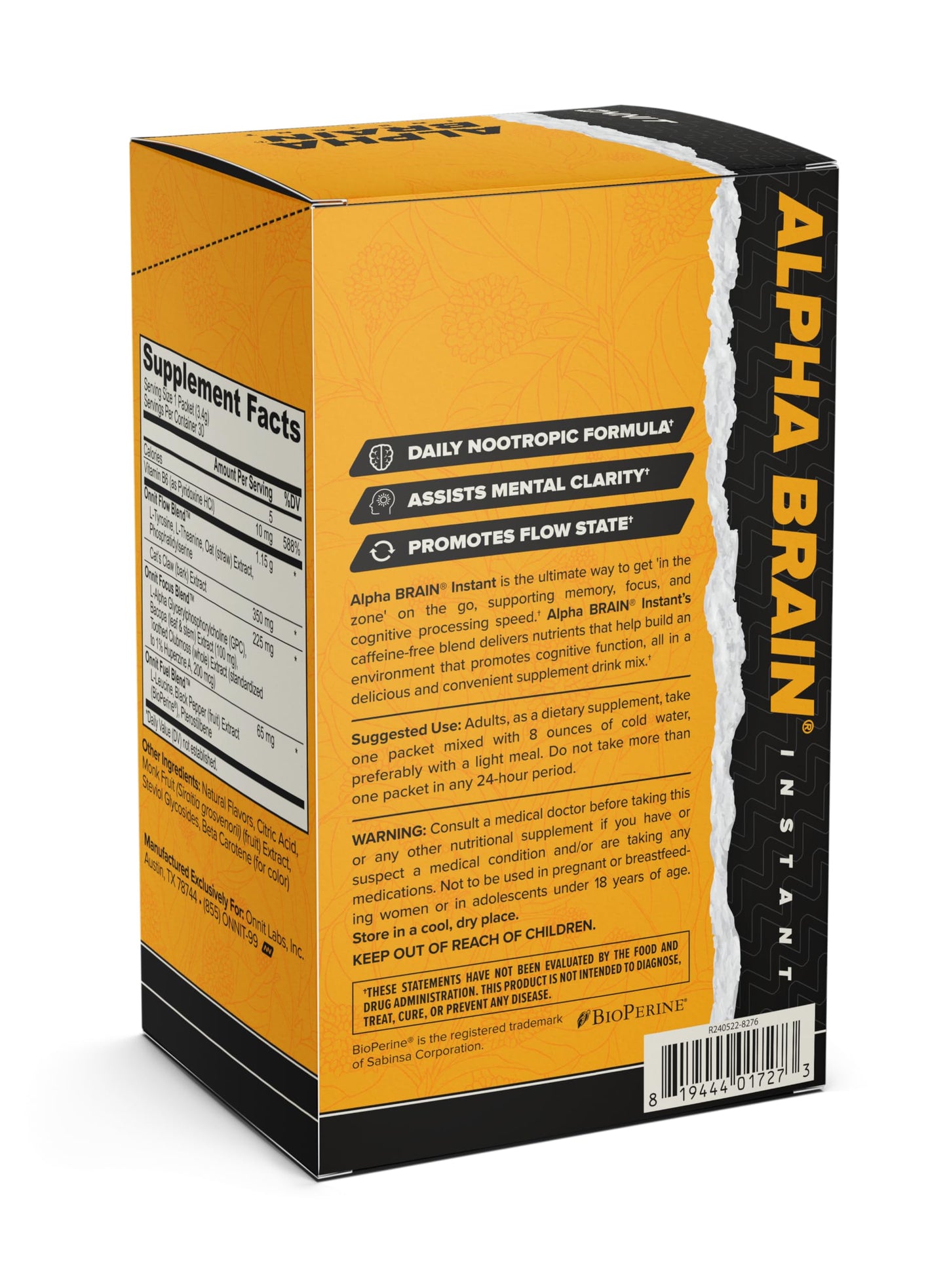 Back of Onnit Alpha Brain Instant box showing supplement facts