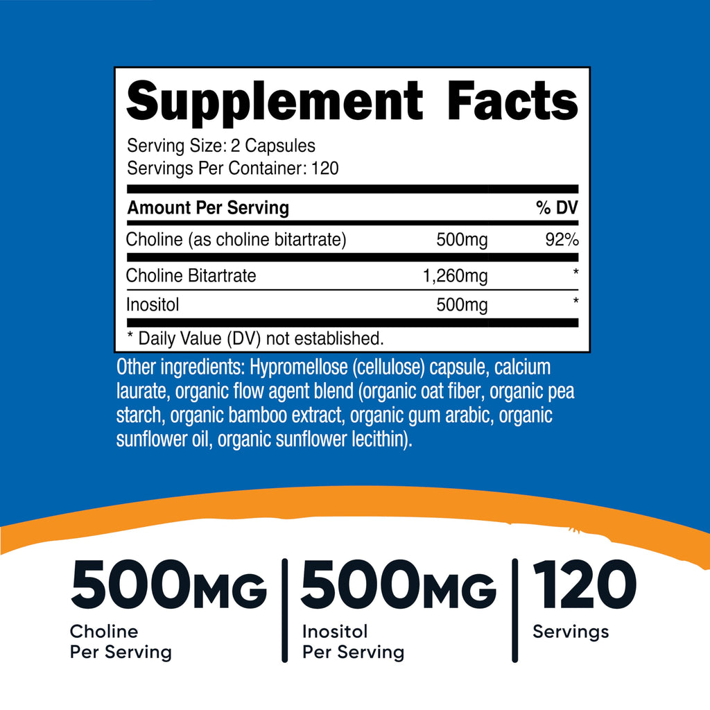 Nutricost Choline and Inositol supplement facts label showing 500mg Choline and 500mg Inositol per serving.