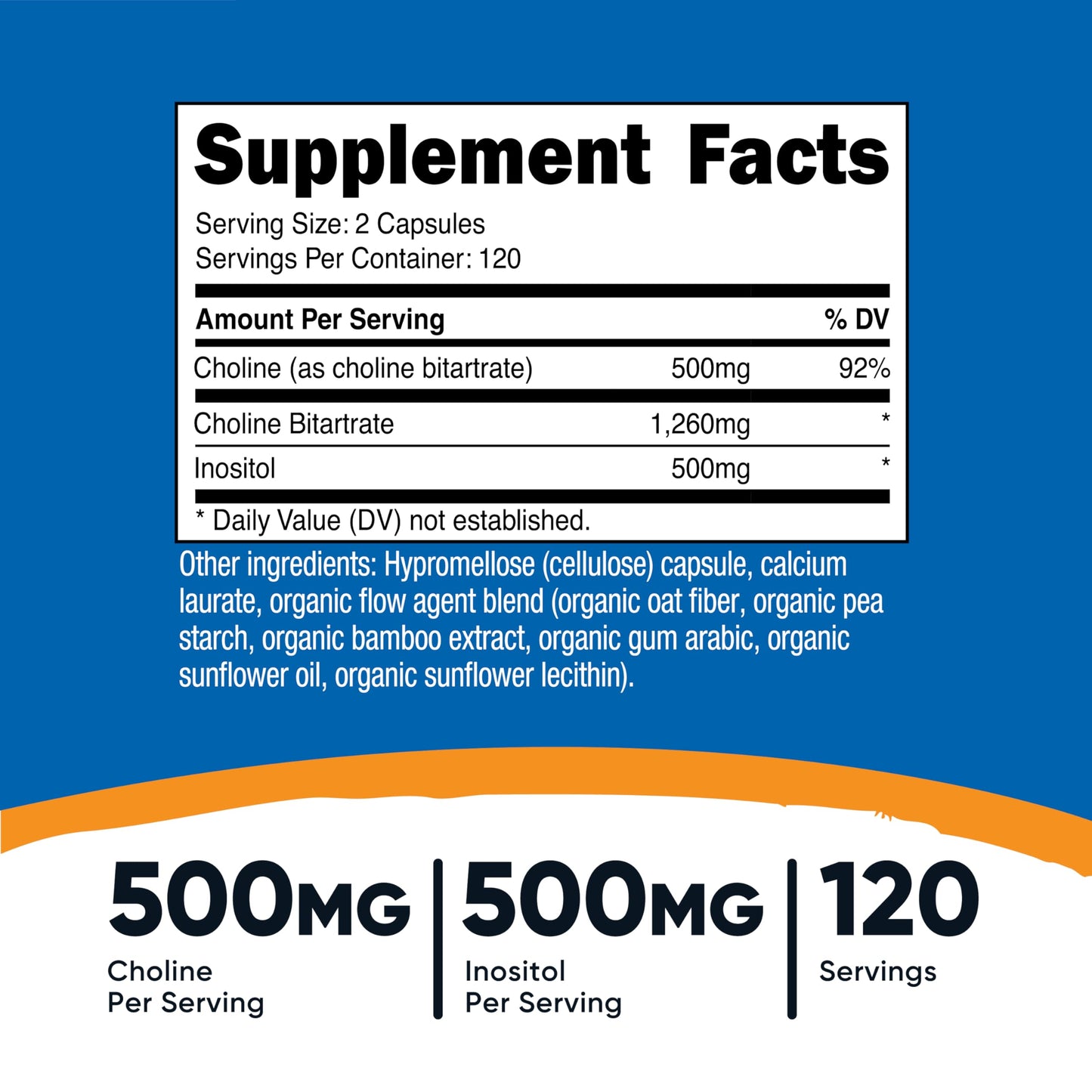 Nutricost Choline and Inositol supplement facts label showing 500mg Choline and 500mg Inositol per serving.