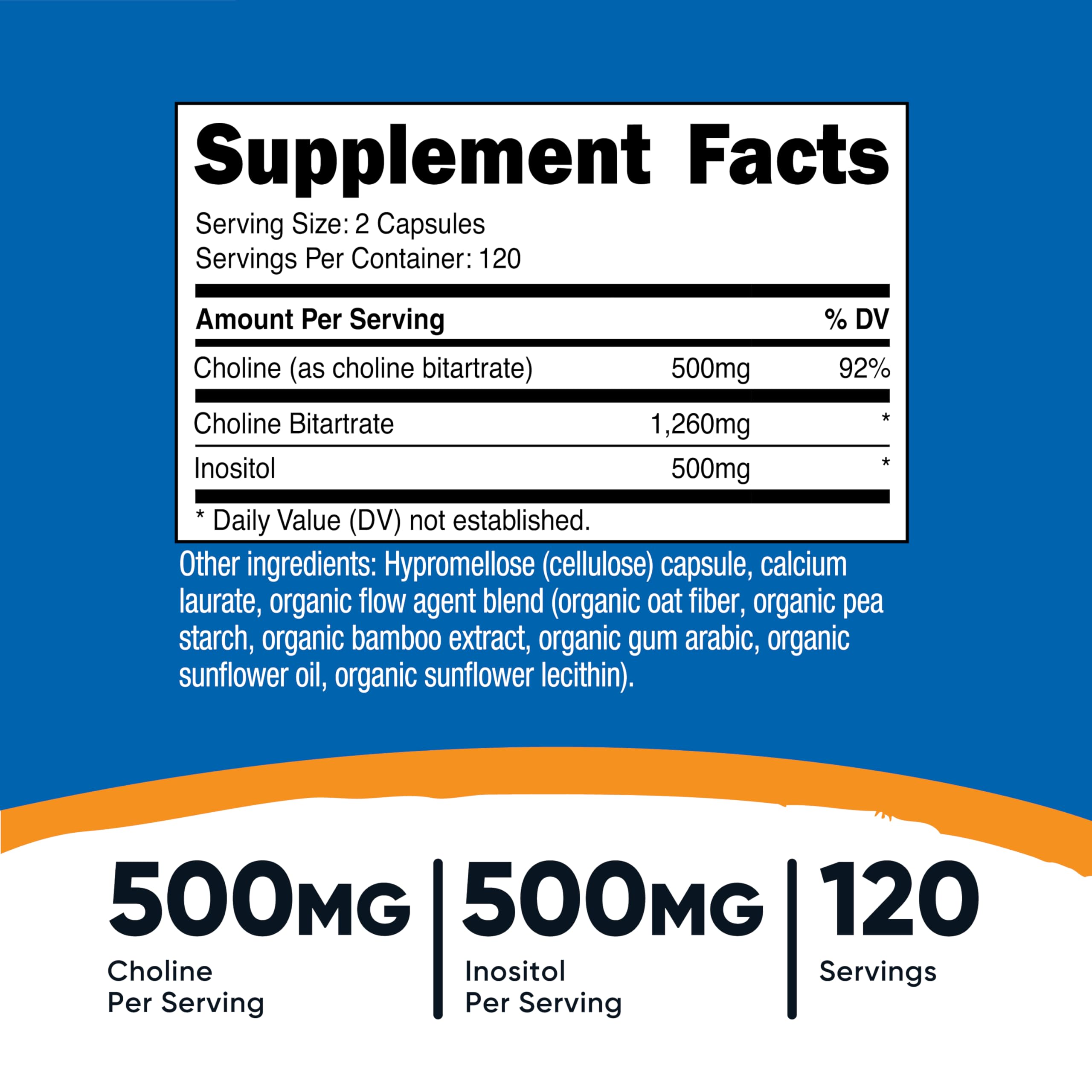 Nutricost Choline and Inositol supplement facts label showing 500mg Choline and 500mg Inositol per serving.