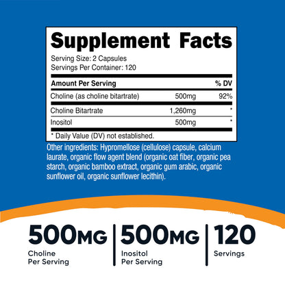 Nutricost Choline and Inositol supplement facts label showing 500mg Choline and 500mg Inositol per serving.