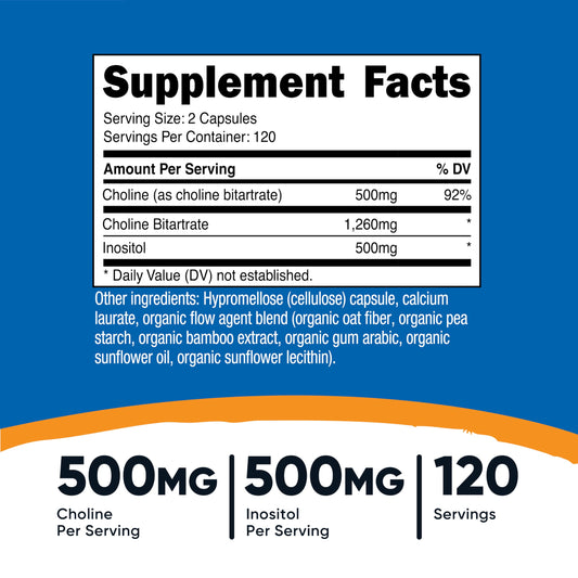 Nutricost Choline and Inositol supplement facts label showing 500mg Choline and 500mg Inositol per serving.