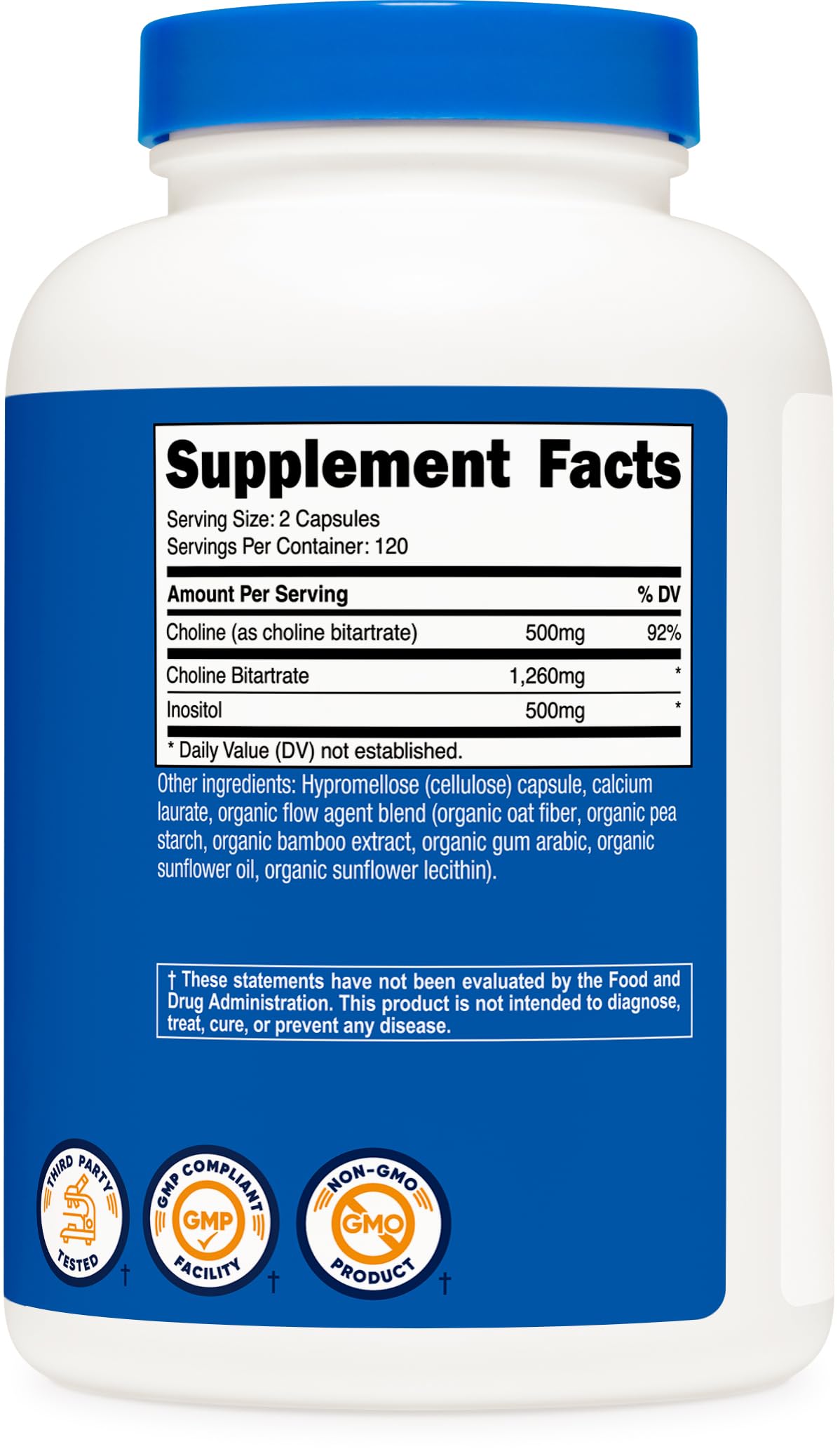 Close-up of Nutricost Choline and Inositol container showing 120 servings details for brain health and fat metabolism.
