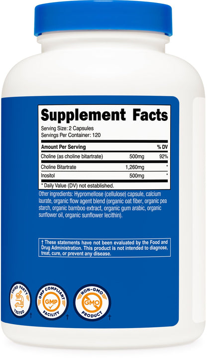 Close-up of Nutricost Choline and Inositol container showing 120 servings details for brain health and fat metabolism.