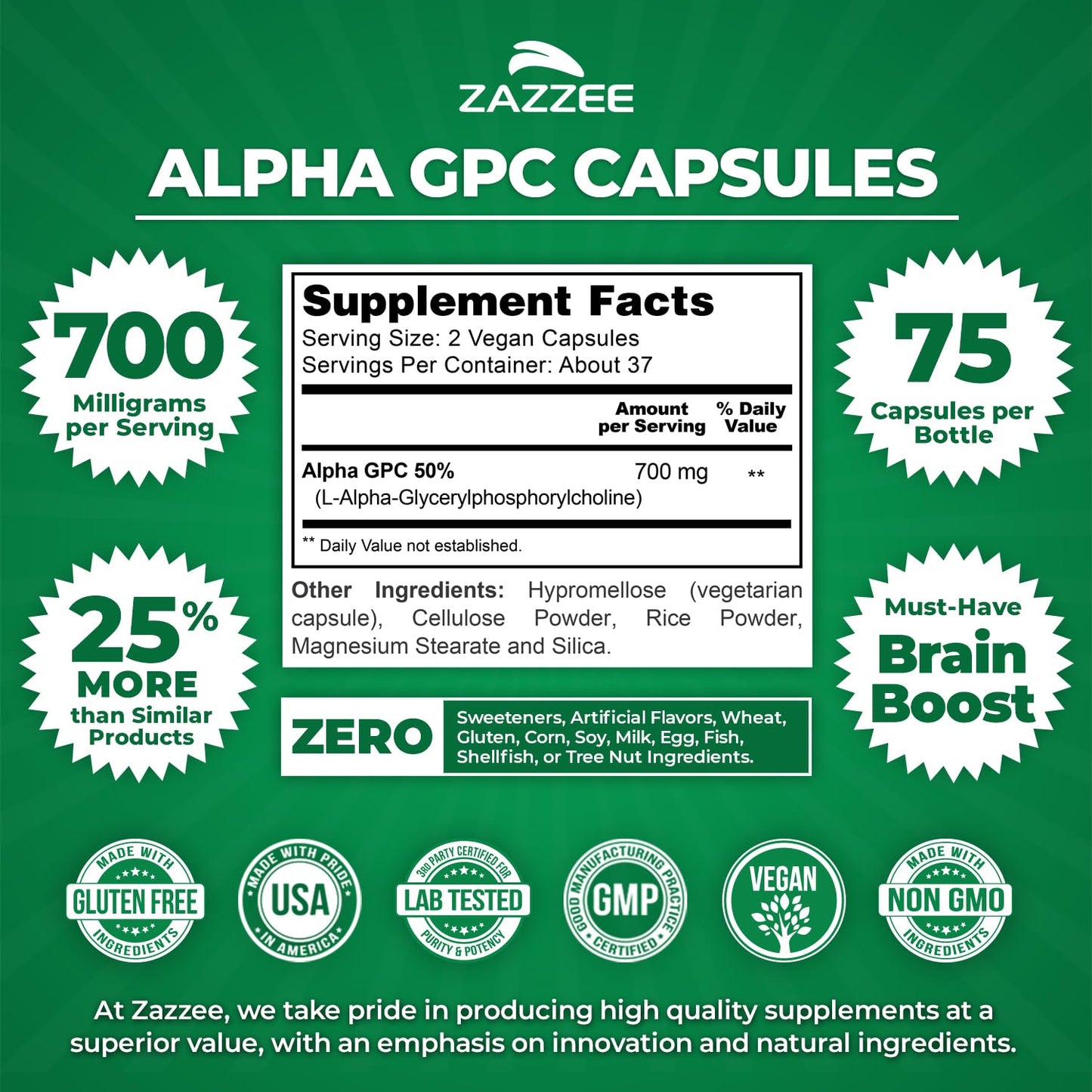 Close up of Zazzee Alpha GPC 700mg supplement label