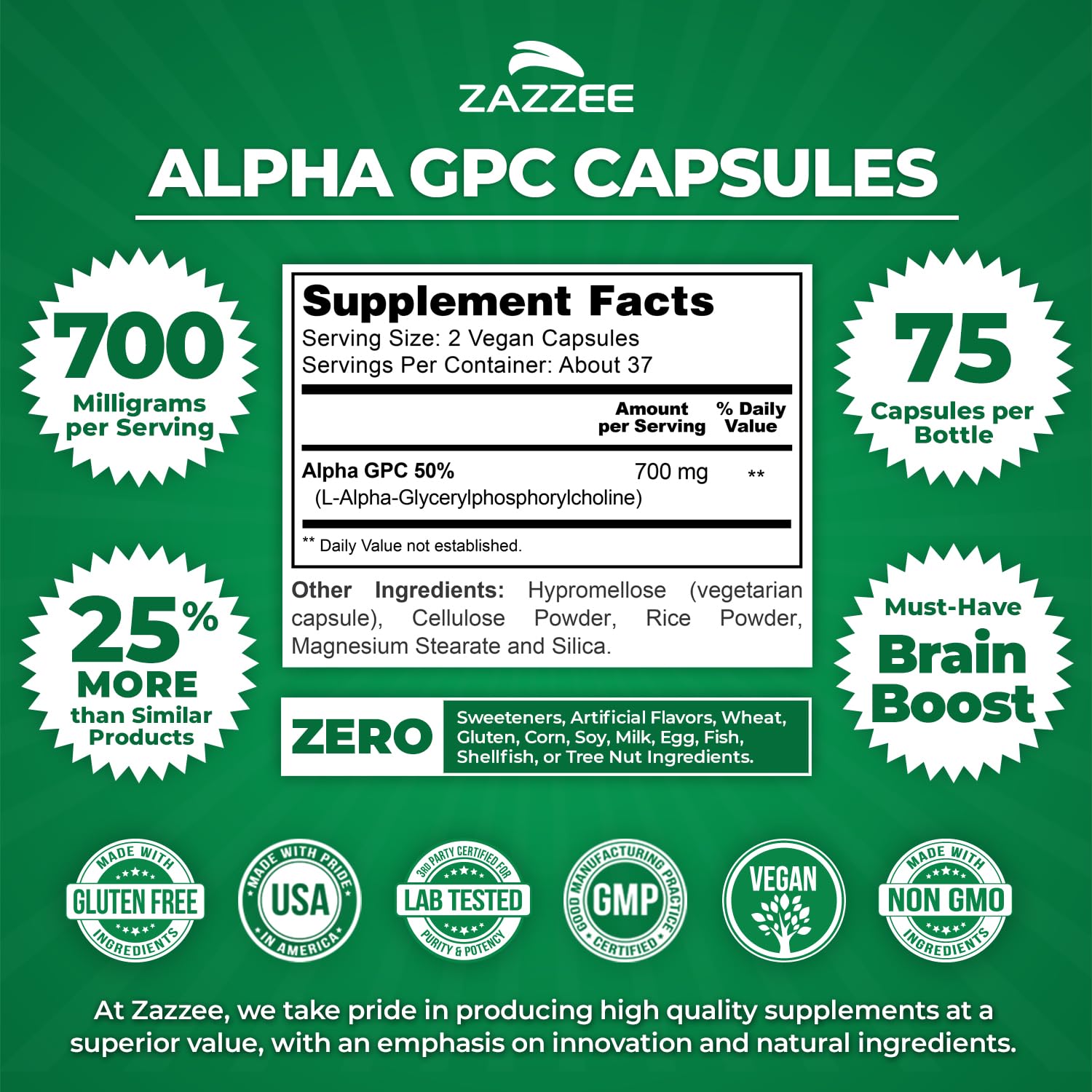 Close up of Zazzee Alpha GPC 700mg supplement label