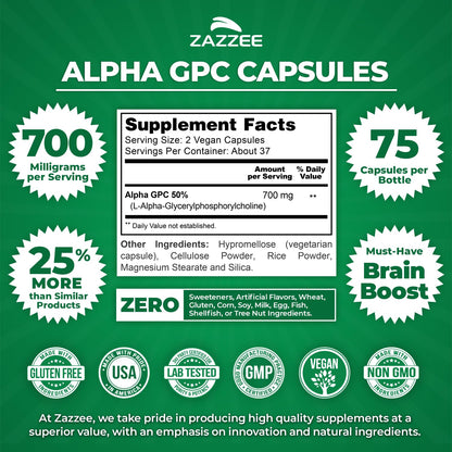Close up of Zazzee Alpha GPC 700mg supplement label