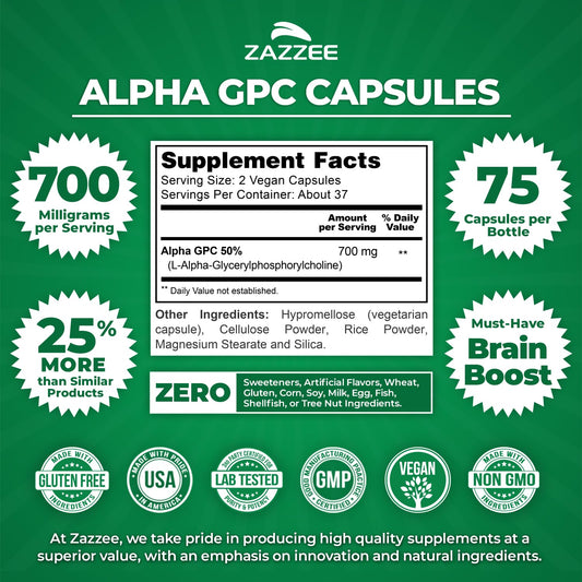 Close up of Zazzee Alpha GPC 700mg supplement label