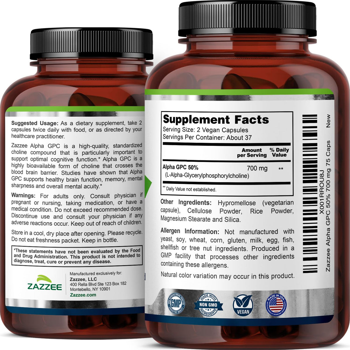 Zazzee vegan brain booster supplement bottle upright display