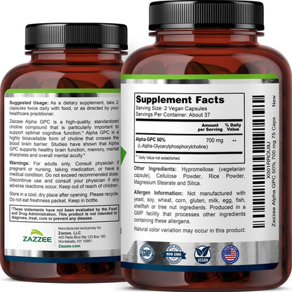 Zazzee non-GMO and vegan certified supplement label details